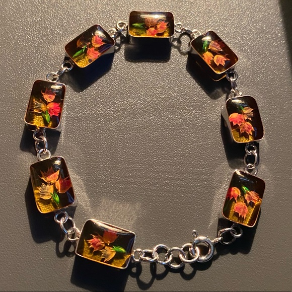 Vintage Sterling Silver Natural Flowers Set In Resin Link Bracelet - Picture 5 of 8